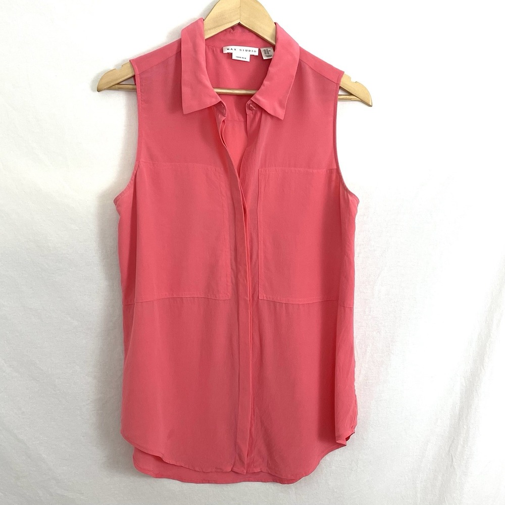 Max Studio Sleeveless Top Womens Medium M 100% Silk Orange Button Up Flowy